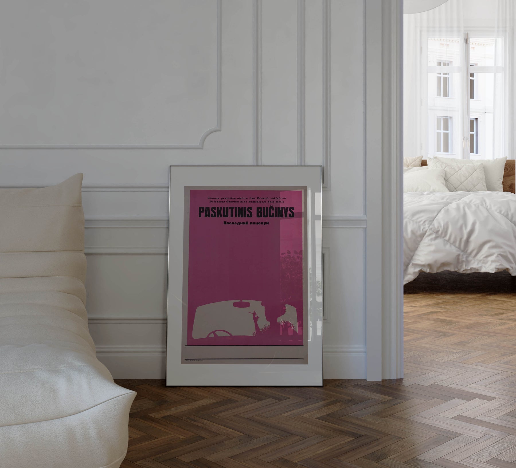 The Last Kiss – Lithuanian movie poster from 1979 featuring a woman smoking in a car with a dominant pink color scheme, framed in a French apartment with parquet floors, white walls and soft sunlight