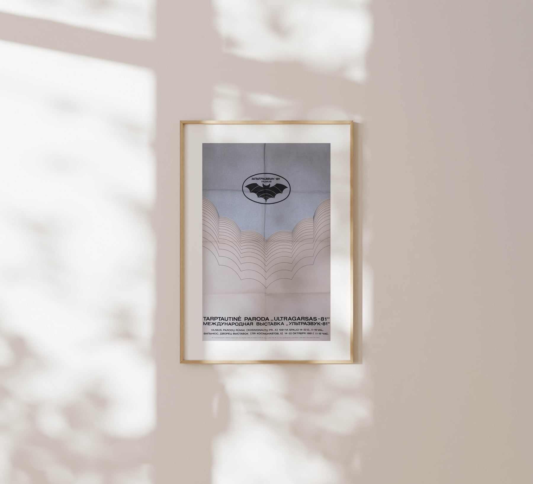 International Ultrasound Exhibition – Lithuanian advertisement (1981) uses a futuristic bat with medical tech to highlight innovation, framed in a wooden frame on a white wall with soft sunlight