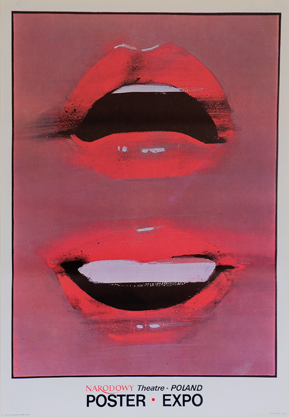 Theatre Poster Expo – Polish advertising poster (1981) showcases red lips and teeth, promoting a poster competition