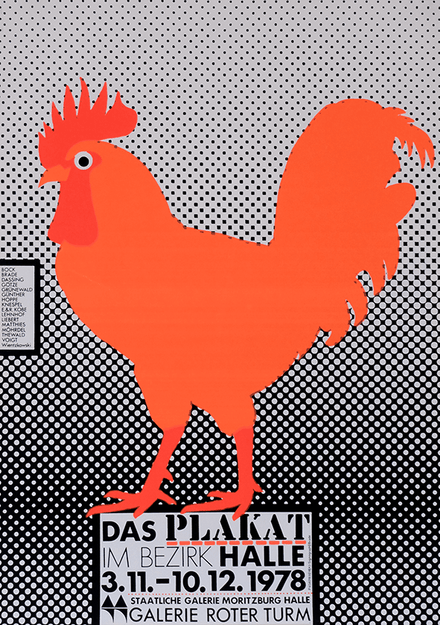 The Poster – East German theatre poster from 1978 by Helmut Brade. Silkscreen featuring a rooster and hen in orange.