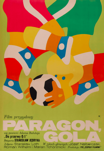 Shoot Paragon! – Polish movie poster from 1970 by Maciej Zbikowski featuring soccer players in action against a green background.