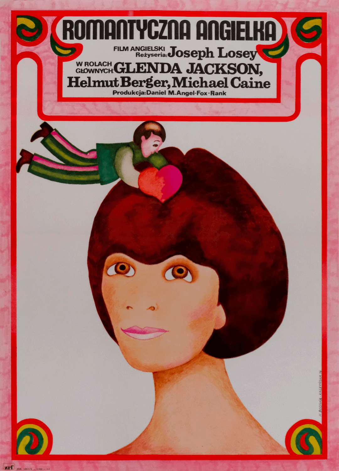 The Romantic Englishwoman – Polish film poster (1976) by Hanna Bodnar-Kaczynska. Displays a woman and a small flying man holding a heart against a pink backdrop.