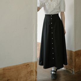 High waist floral button stretch black skirt - MEIMMEIM(メイムメイム)