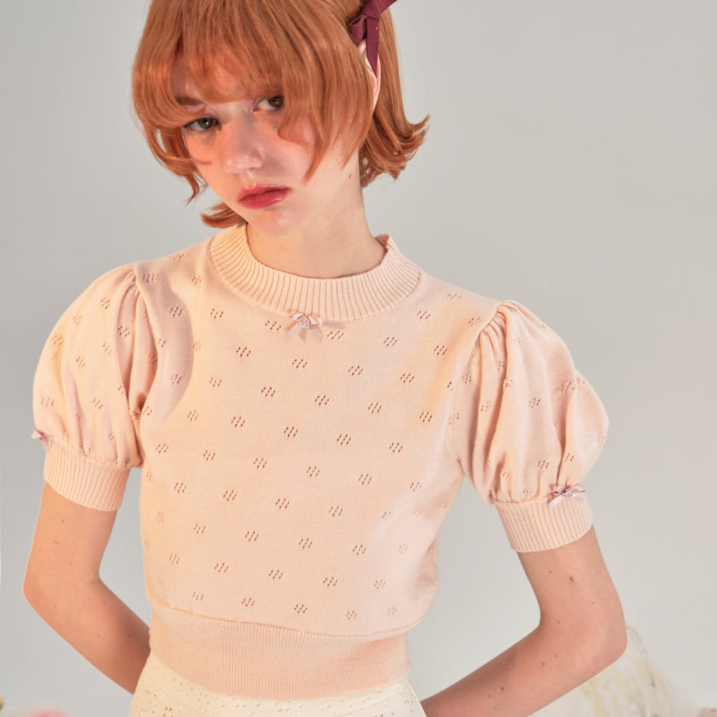 Small cherry blossom hollow short-sleeved thin sweater - MEIMMEIM(メイムメイム)