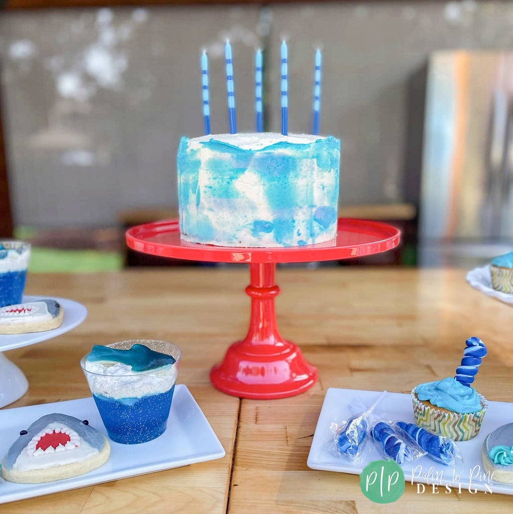 Blue watercolor birthday cake, shark party birthday cake