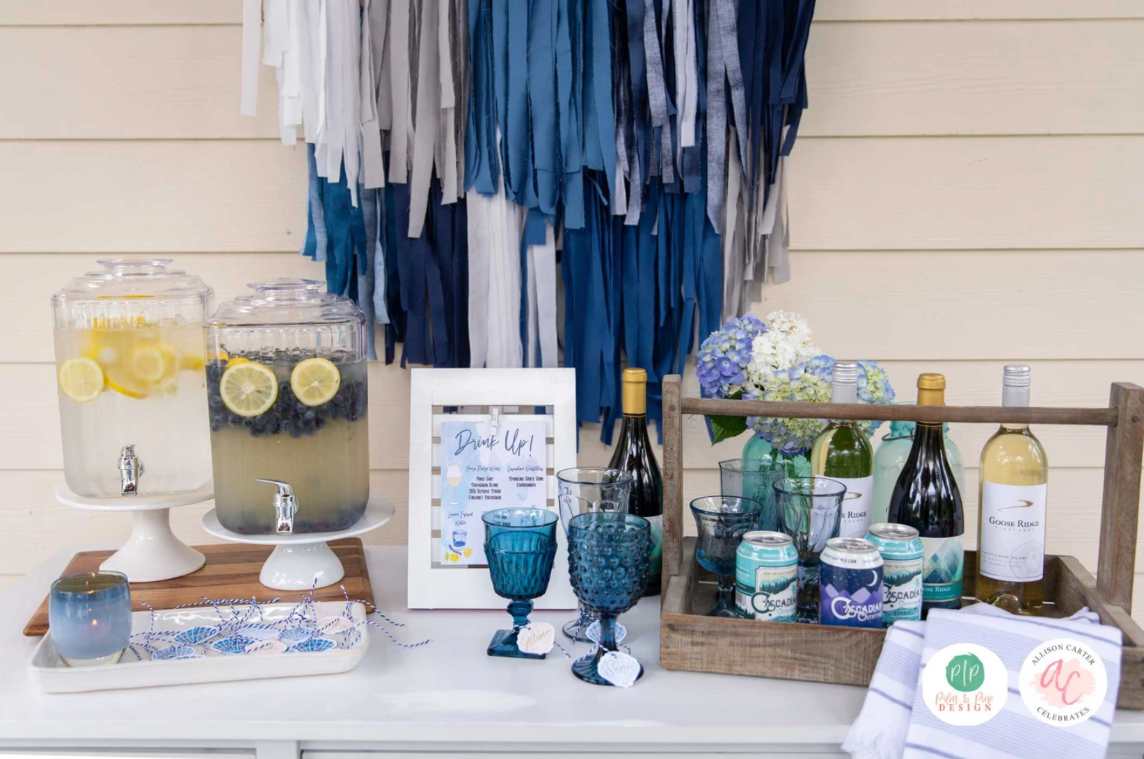 wine bar, blue ombre bar set up, outdoor entertaining, tablescape