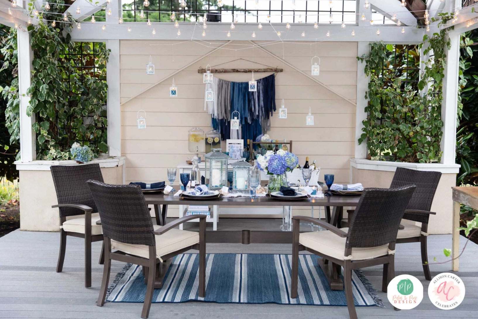 outdoor entertaining, blue tablescape, outdoor party