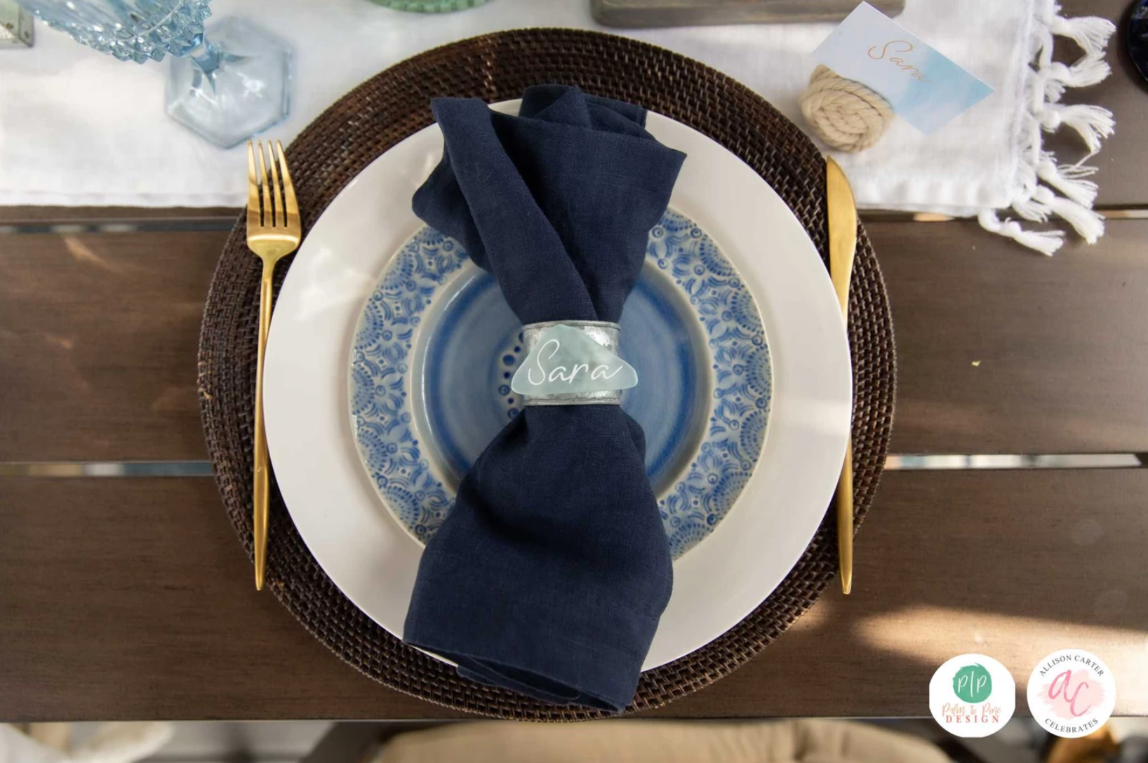 place card, blue place setting, blue table setting