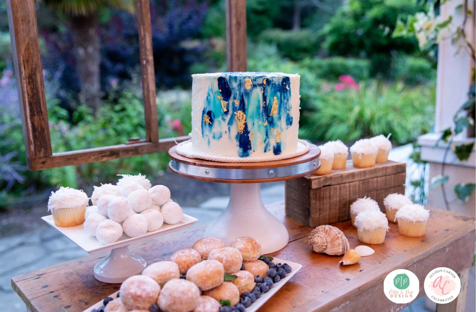 blue watercolor cake, dessert table, outdoor dessert table