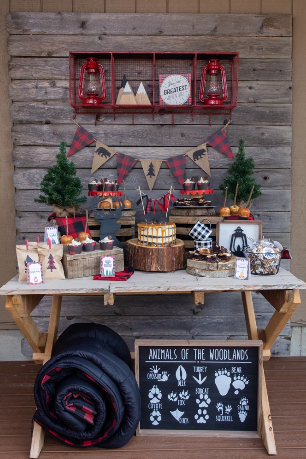 Camping Party Dessert Table, Lumberjack Buffalo Plaid Party Desserts