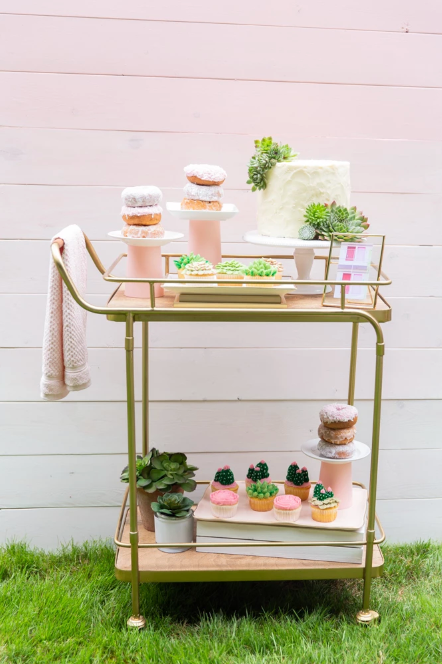 pink bar cart, beach inspired dessert table, succulent cake topper