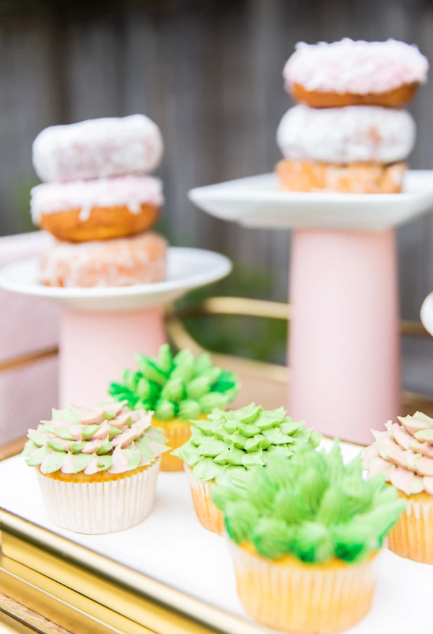 succulent cupcakes, donut tower, pink donut stand