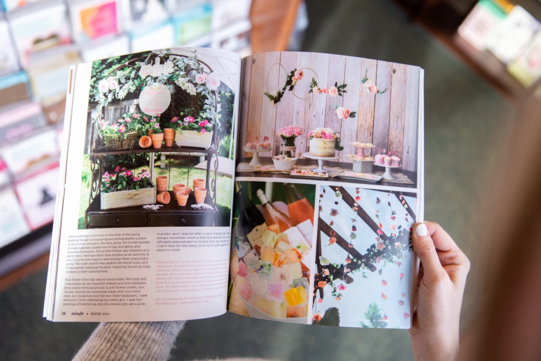 floral birthday party magazine spread