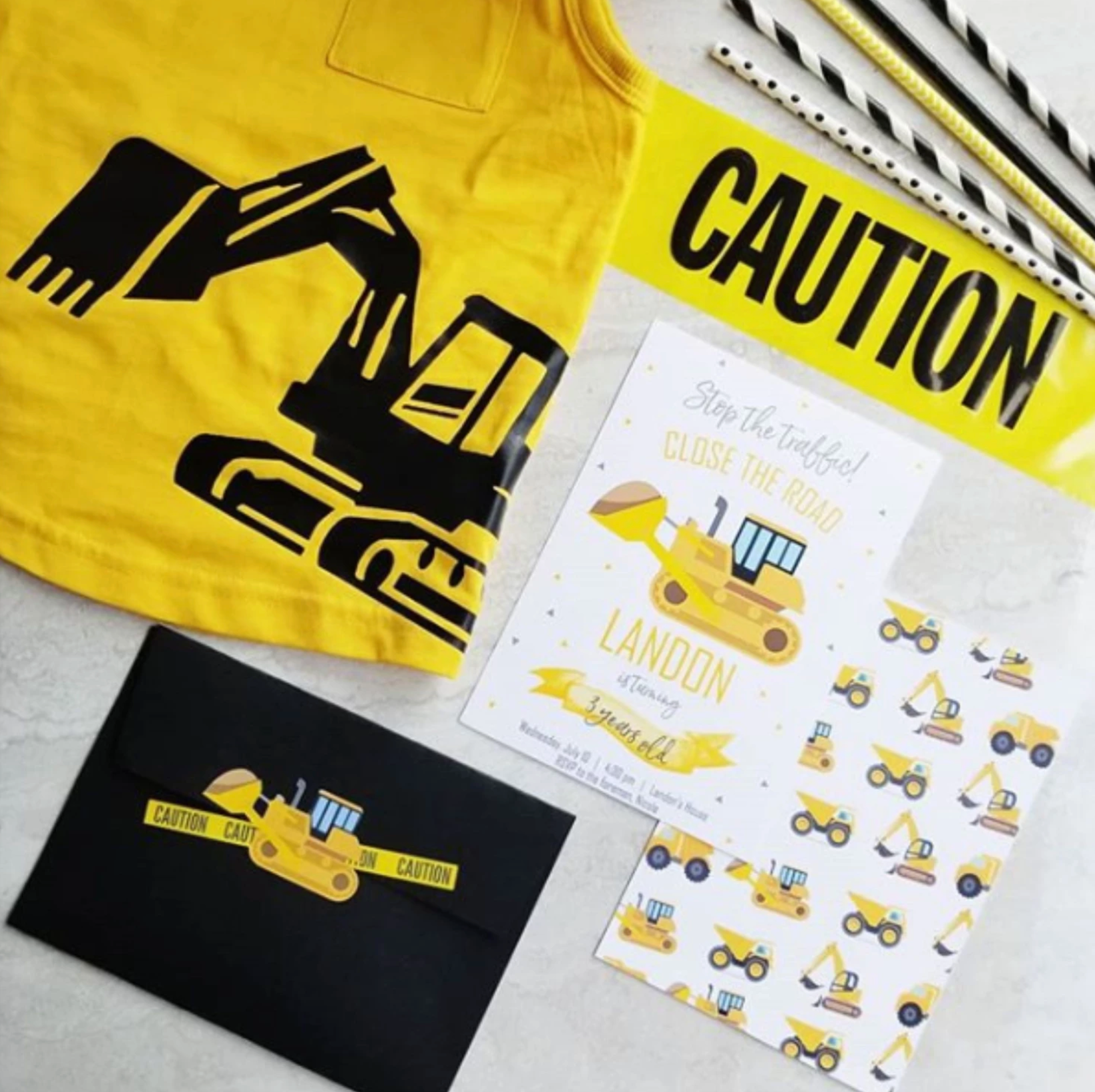 Construction Birthday Invitation Flatlay, modern construction birthday