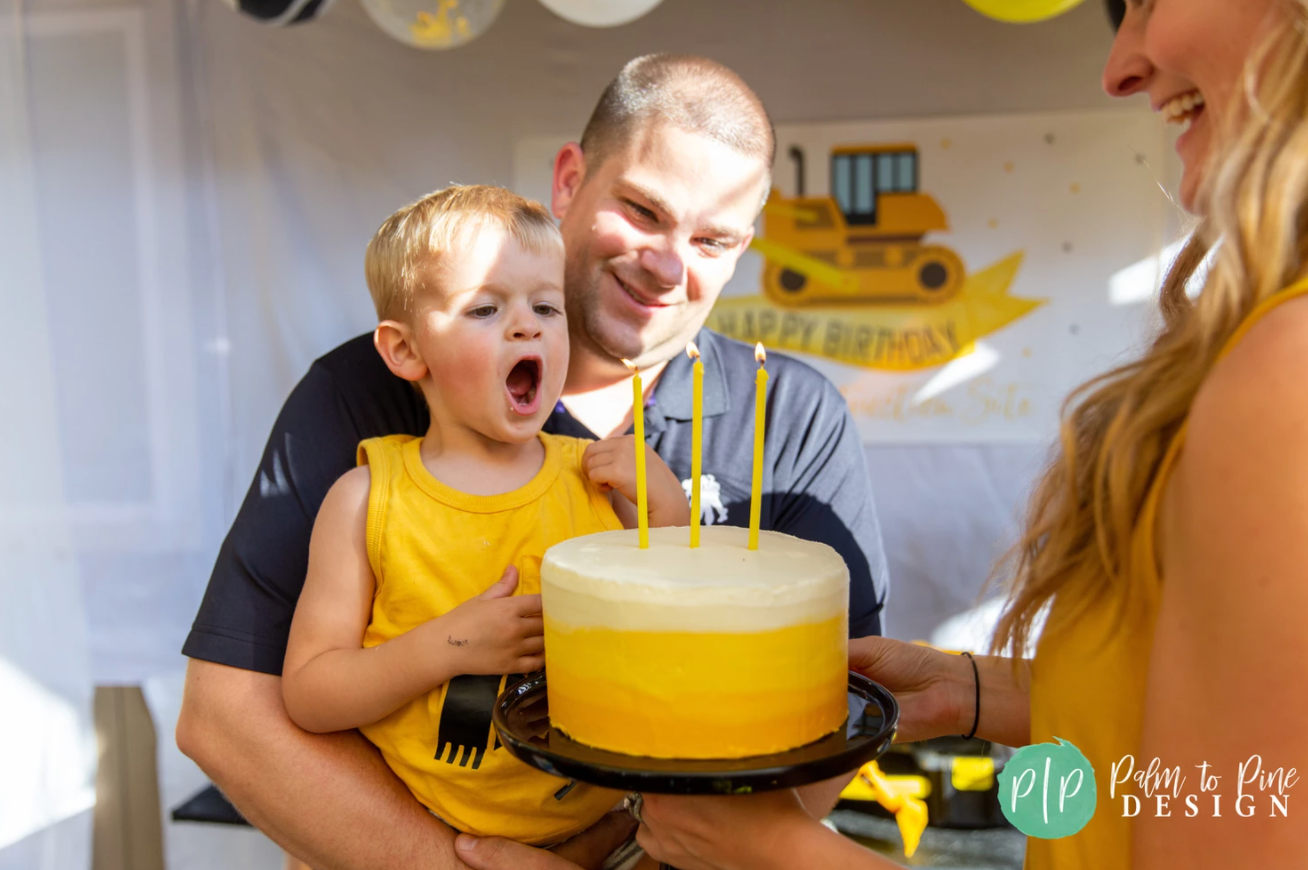 construction birthday cake, yellow ombre cake