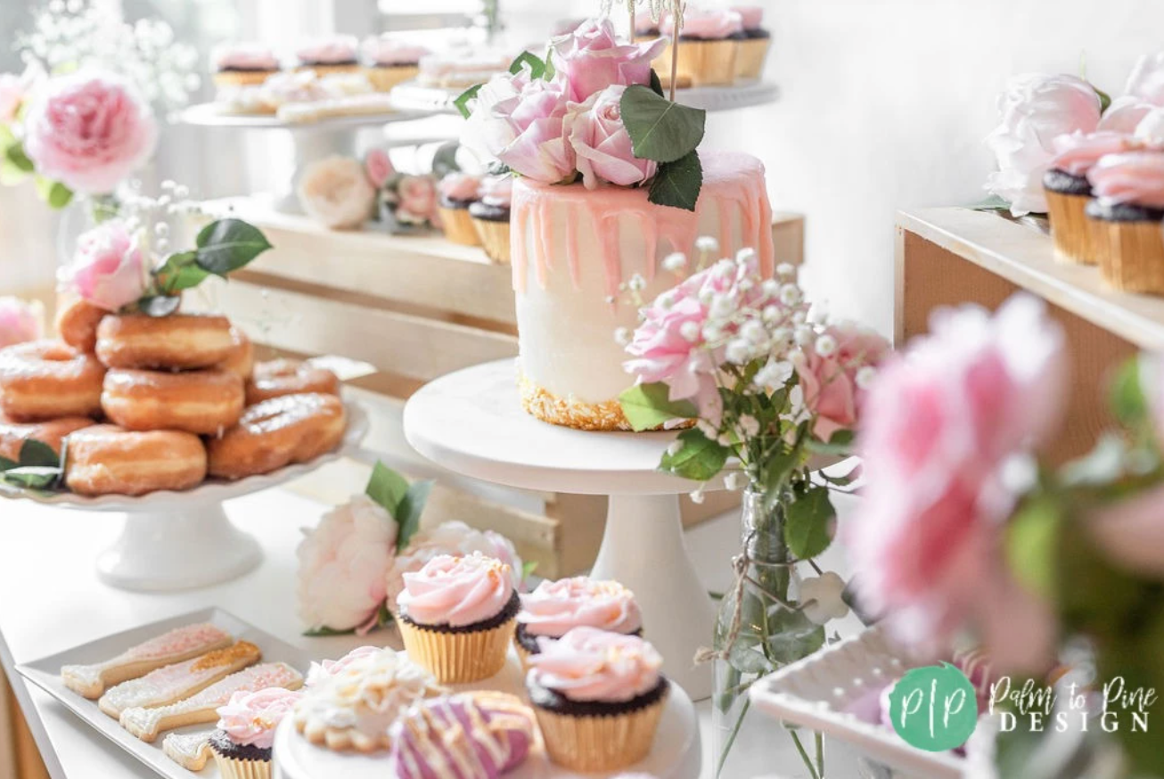 pink floral dessert table, bridal shower dessert table