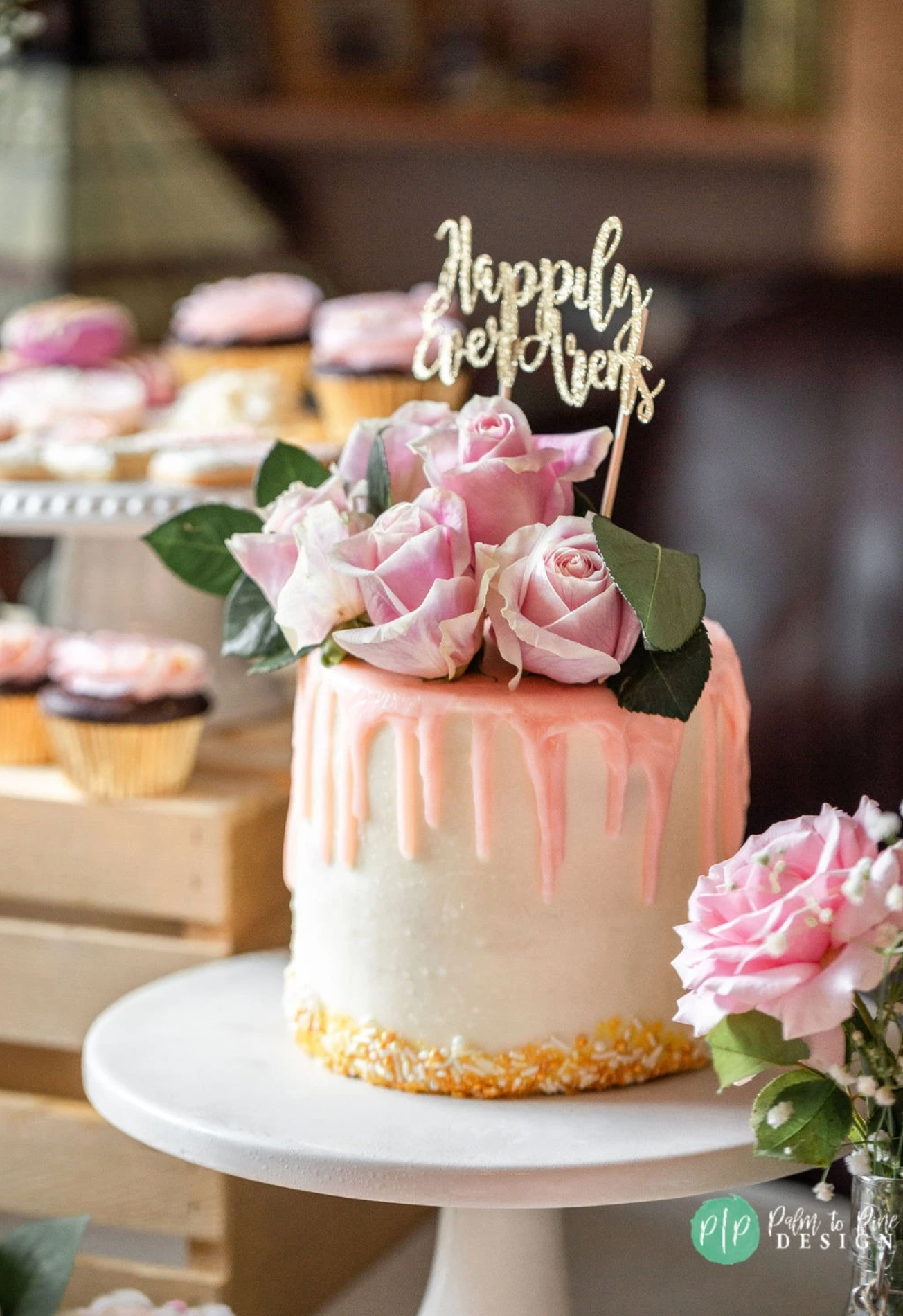 pink floral drip cake, bridal shower cake
