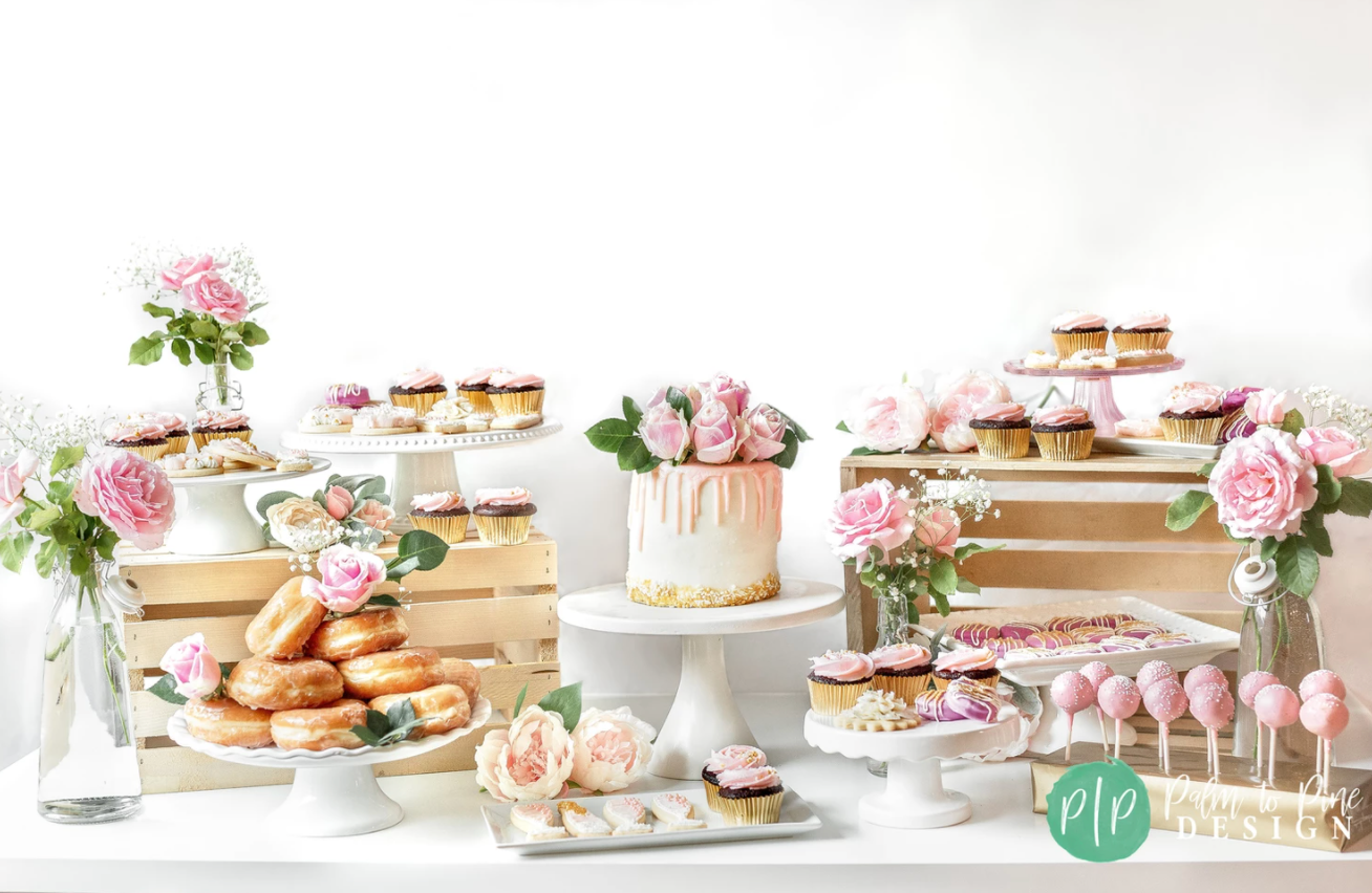 blush pink floral dessert table