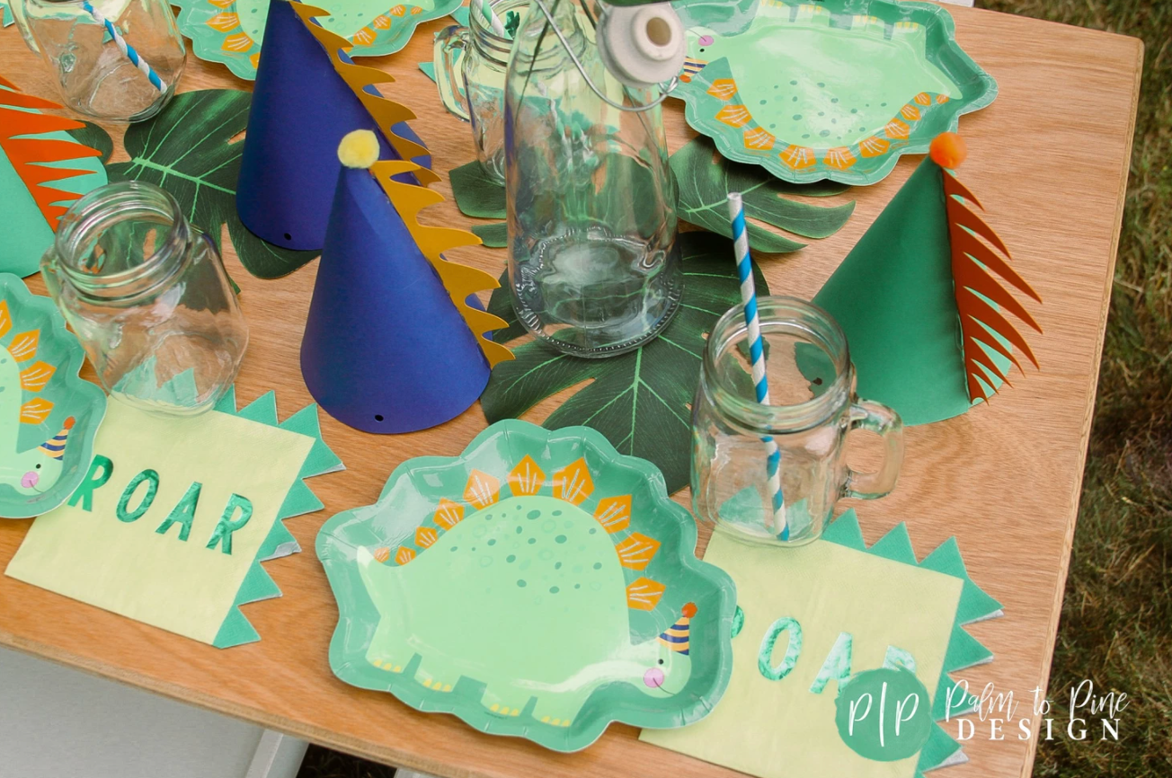 dinosaur birthday hats, dino birthday plates, dino napkins