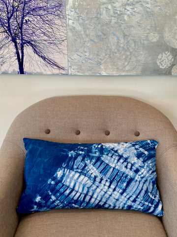 indigo dyed cushion with arashi shibori