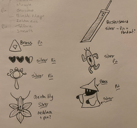 Sketch drawings of the different final fantasy pin ideas