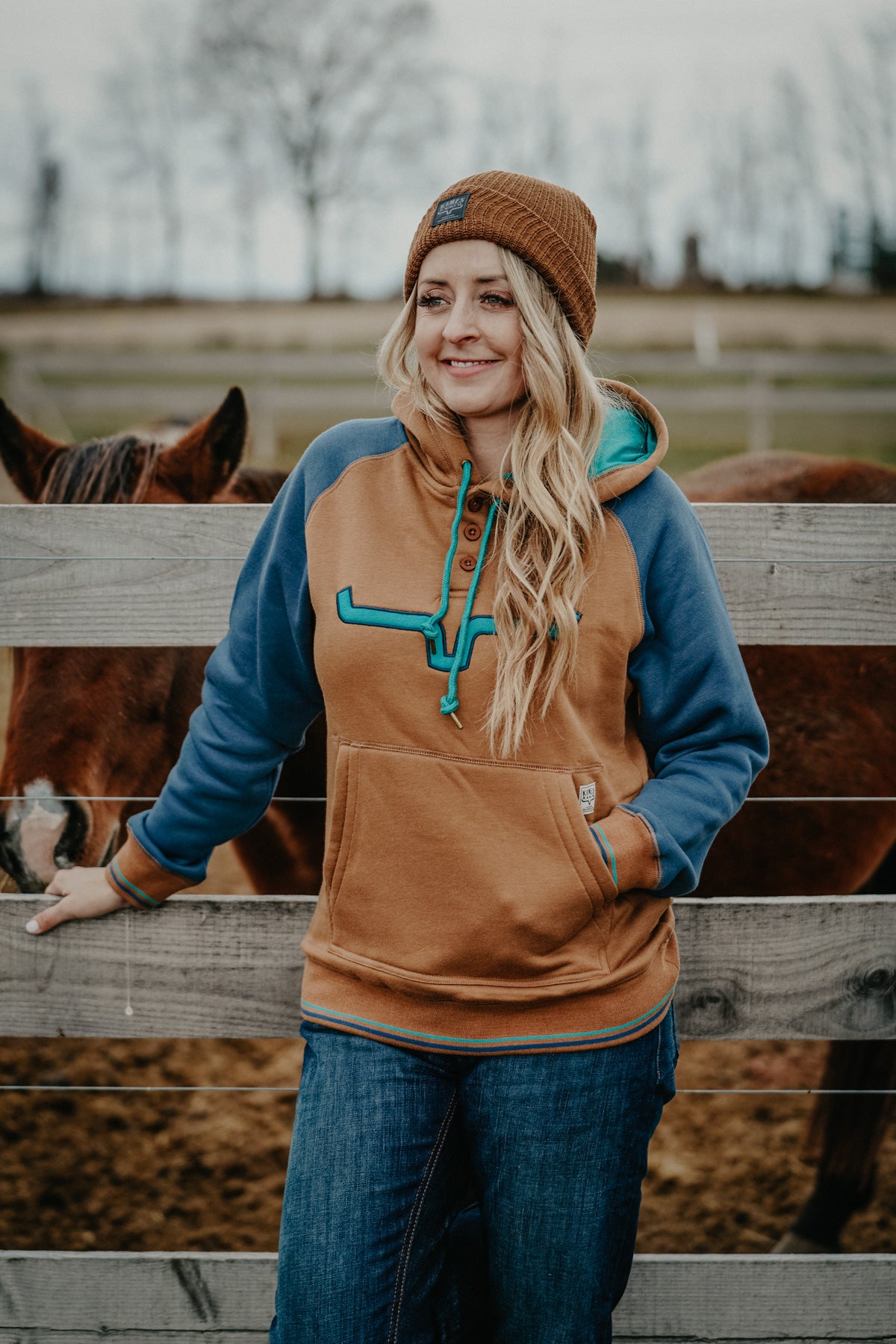 Image of 'Amigo' Women's Hoodie by Kimes Ranch (Brown & Teal)
