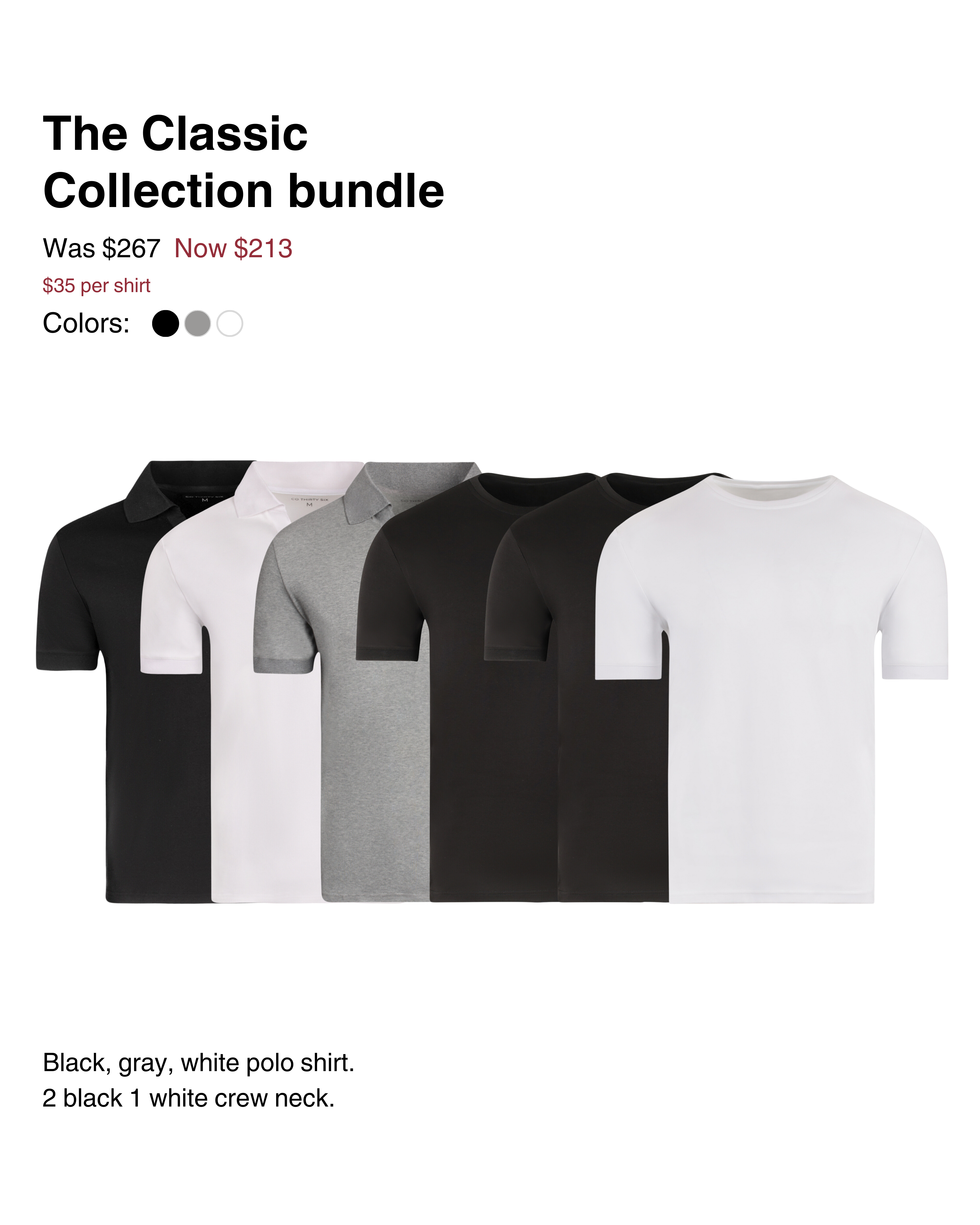 Six classic polo and crew neck shirts in black, gray, and white.