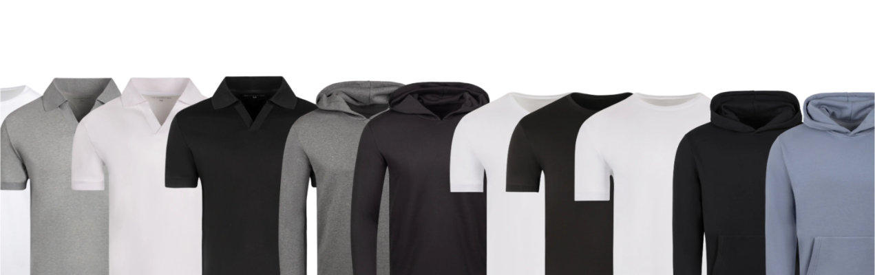 A variety of polo shirts, t-shirts, and hoodies in white, gray, black, and blue colors.