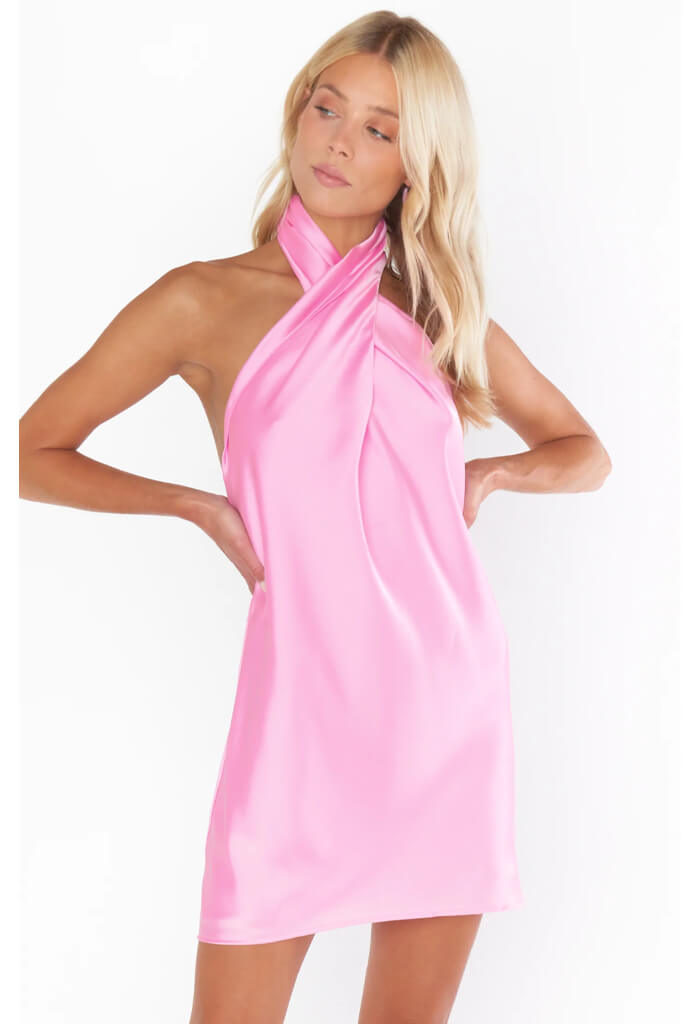 Show Me Your Mumu Jasmine Halter Mini Dress-Pink Luxe Satin