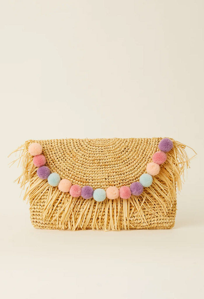 BTB Sera Pom Pom Clutch-Natural Pastel Rainbow