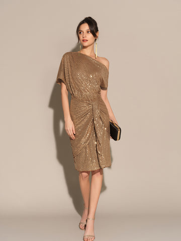 Sequined Asymmetric Off Shoulder Bodycon Party Midi Dress - Brown