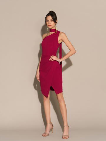One-Shoulder Wrap Hem Ruched Bodycon Party Dress - Red
