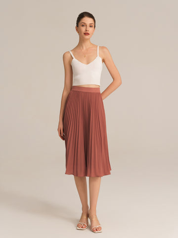 Elastic Waist Solid Color Pleated Skirt - Brown