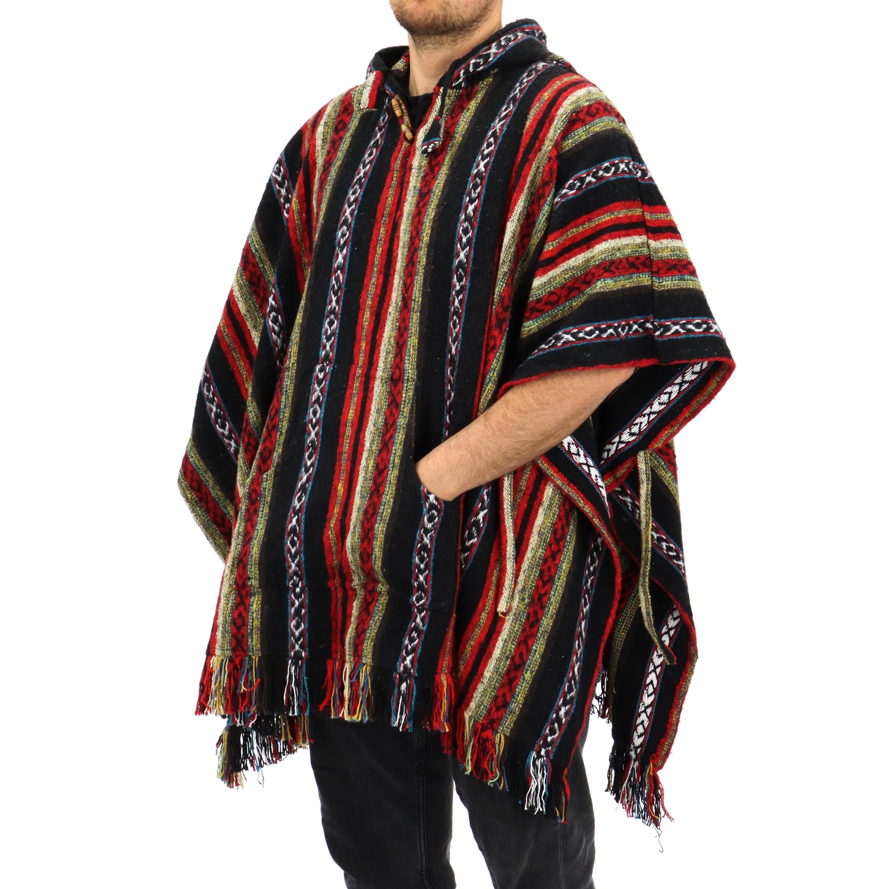 Brushed Cotton Hooded Poncho - Black Red