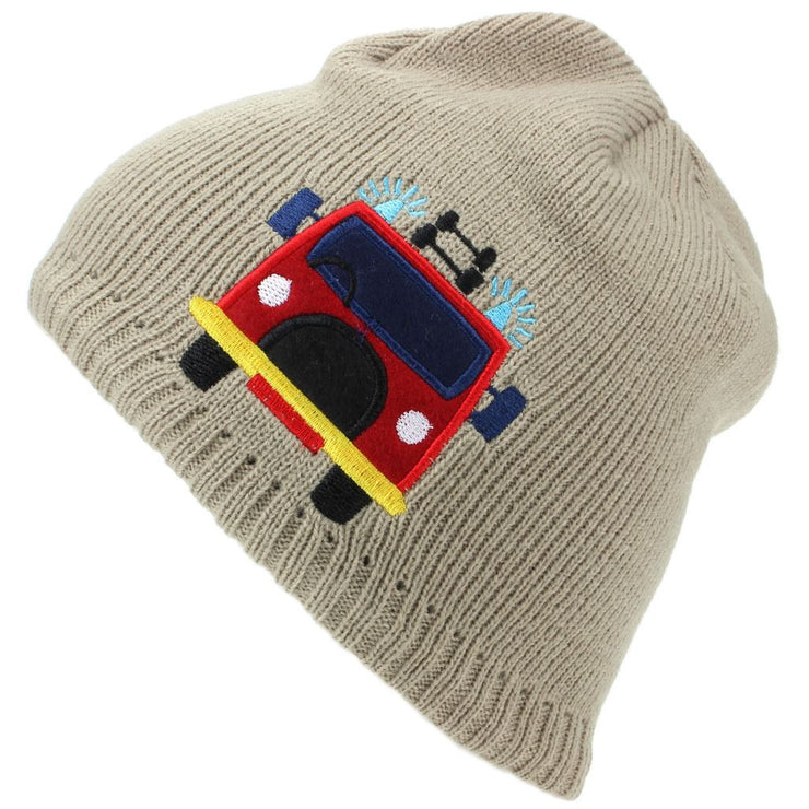Childrens Fine Knit Beanie Hat with Embroidered Fire Engine - Beige