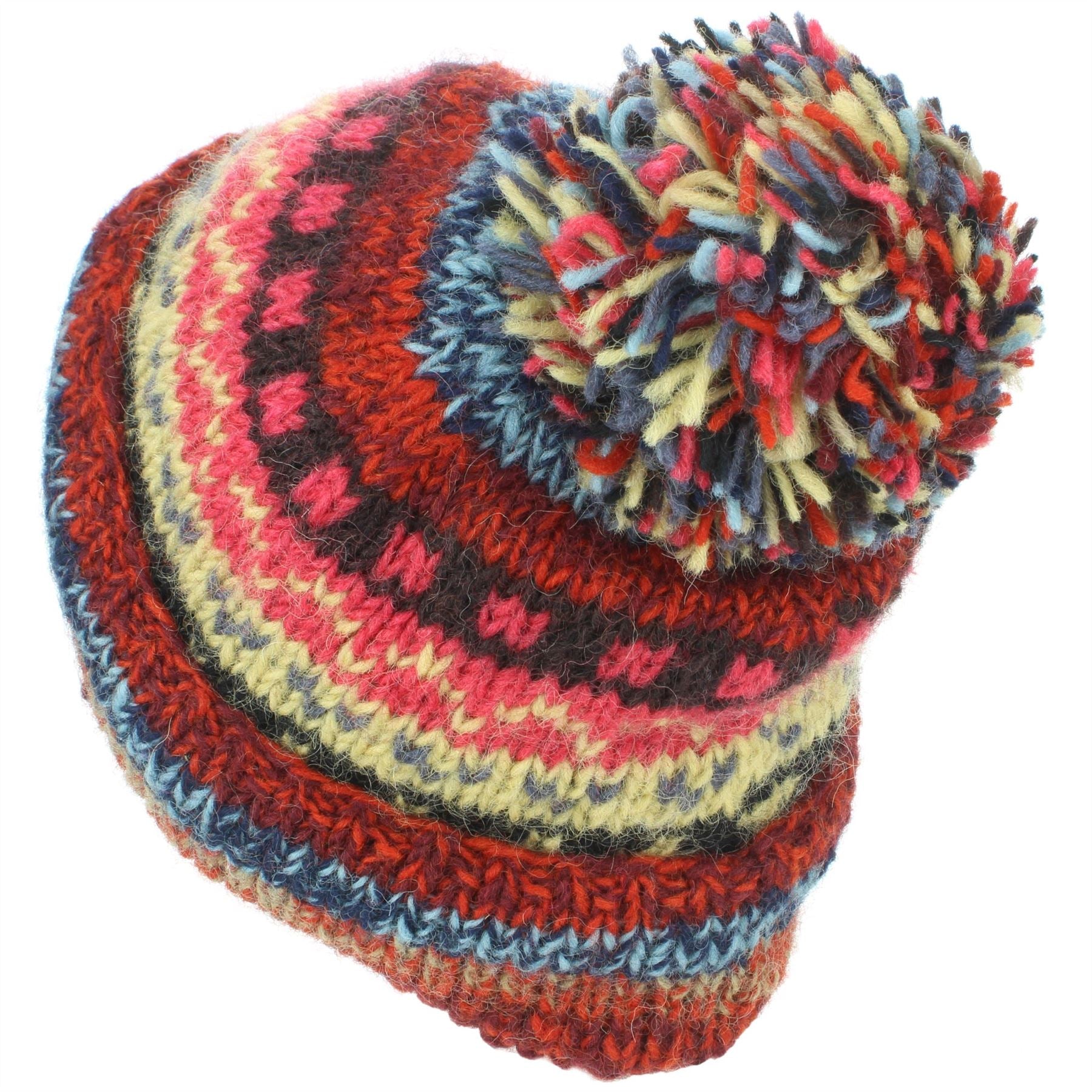 Chunky Wool Knit Abstract Pattern Beanie Bobble Hat - 17 Red