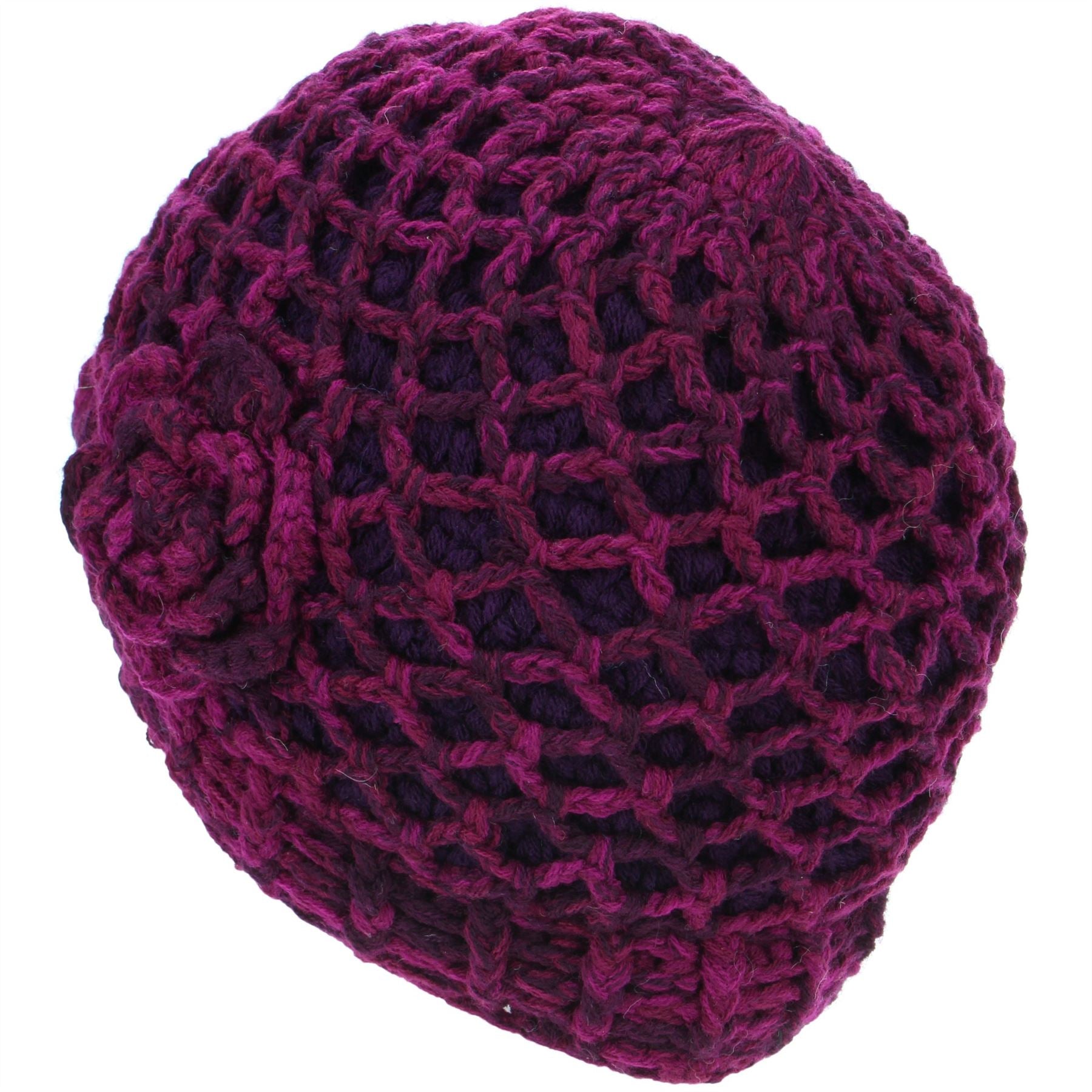 Acrylic Knit Lattice Flower Beanie Hat - Purple