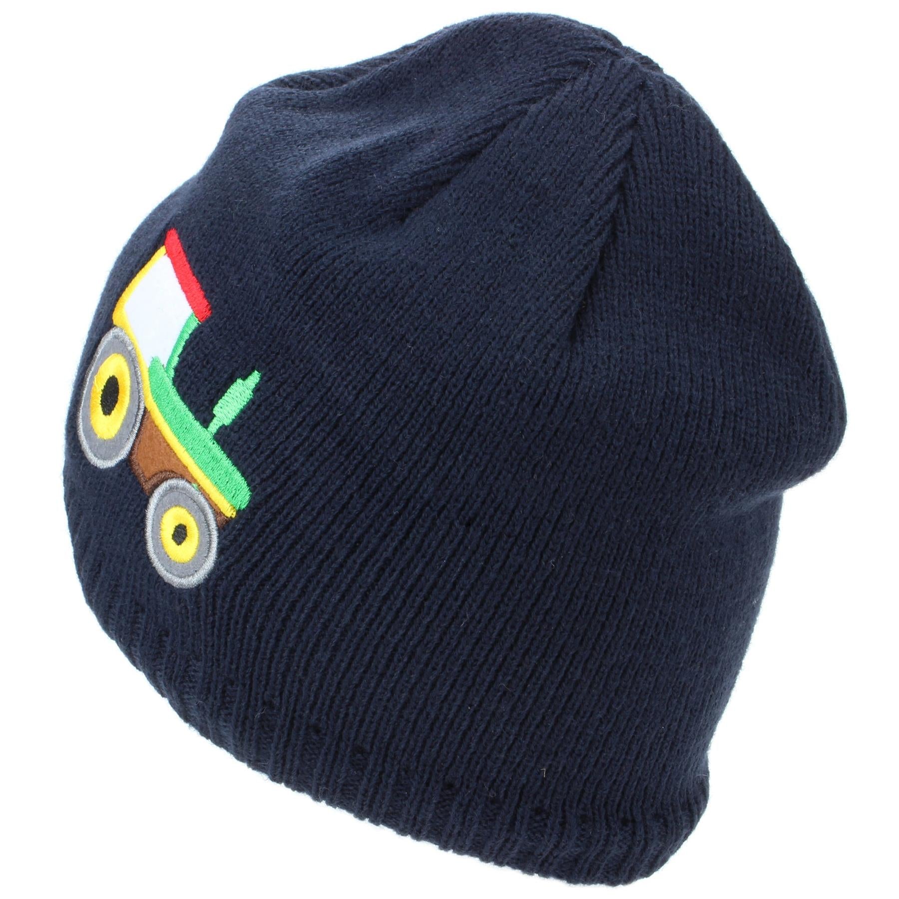 Childrens Fine Knit Beanie Hat with Embroidered Tractor - Navy