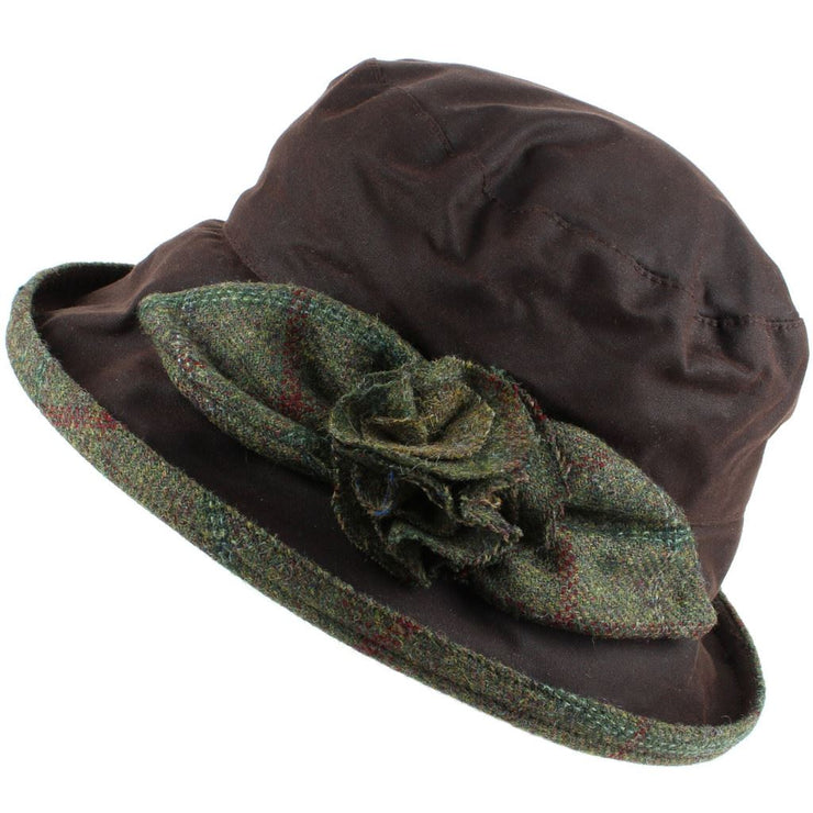 Ladies Waterproof Wax Cloche Hat with Tweed Rose and Brim - Brown (Dark Green Tweed)