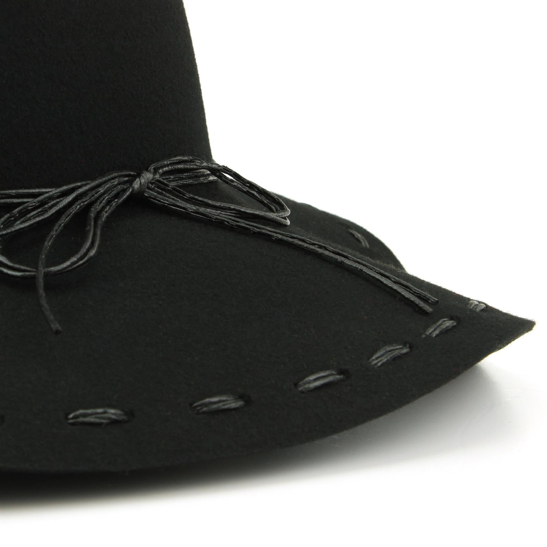 100% Wool felt wide brim floppy hat with cord band - Black (57cm)