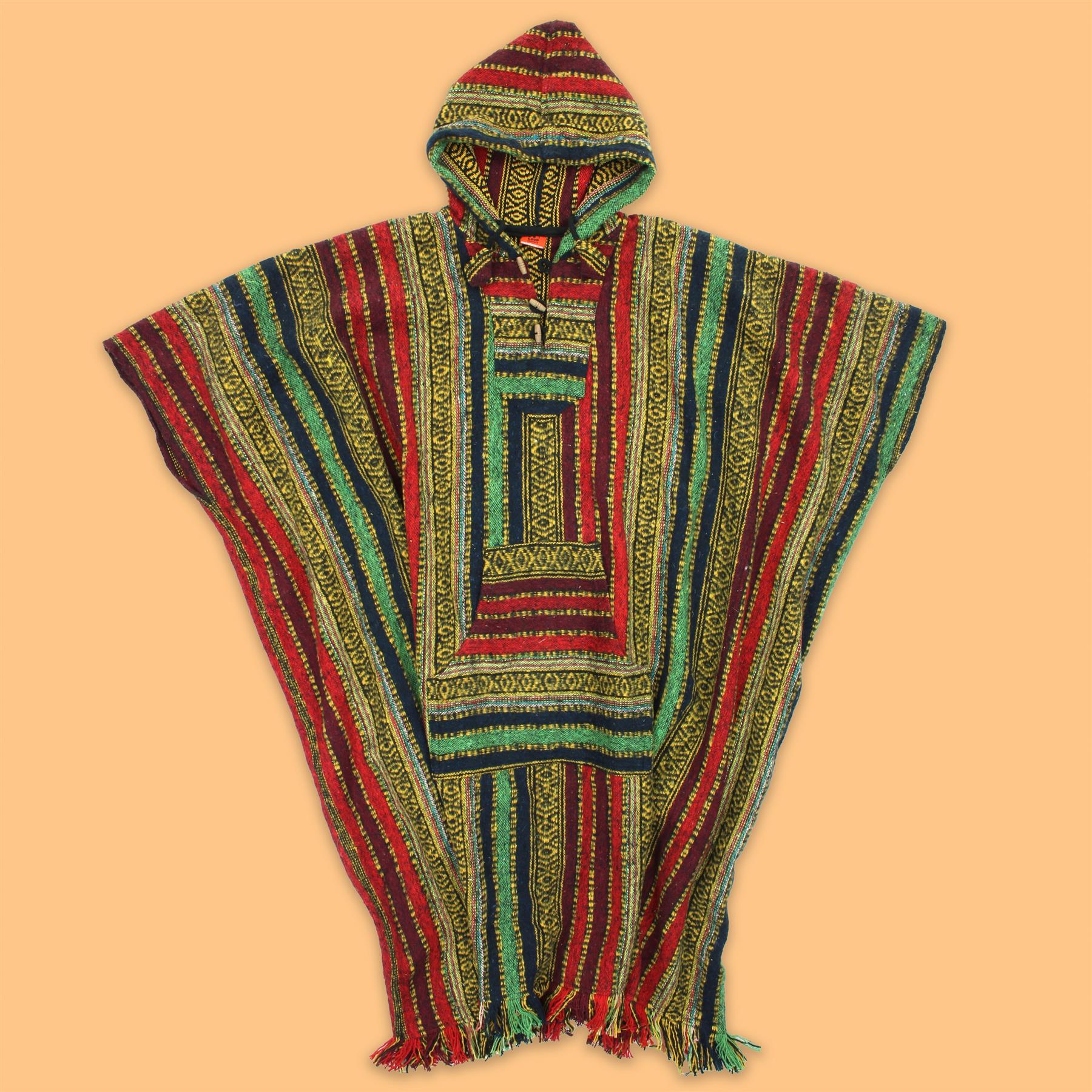 Brushed Cotton Long Hooded Poncho - Red Green