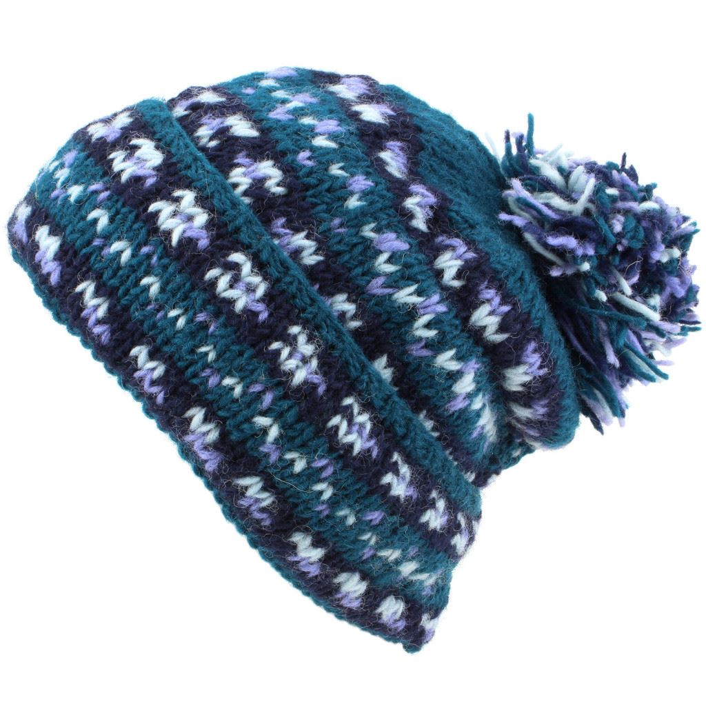 Chunky Wool Knit Baggy Slouch Beanie Bobble Hat - Teal