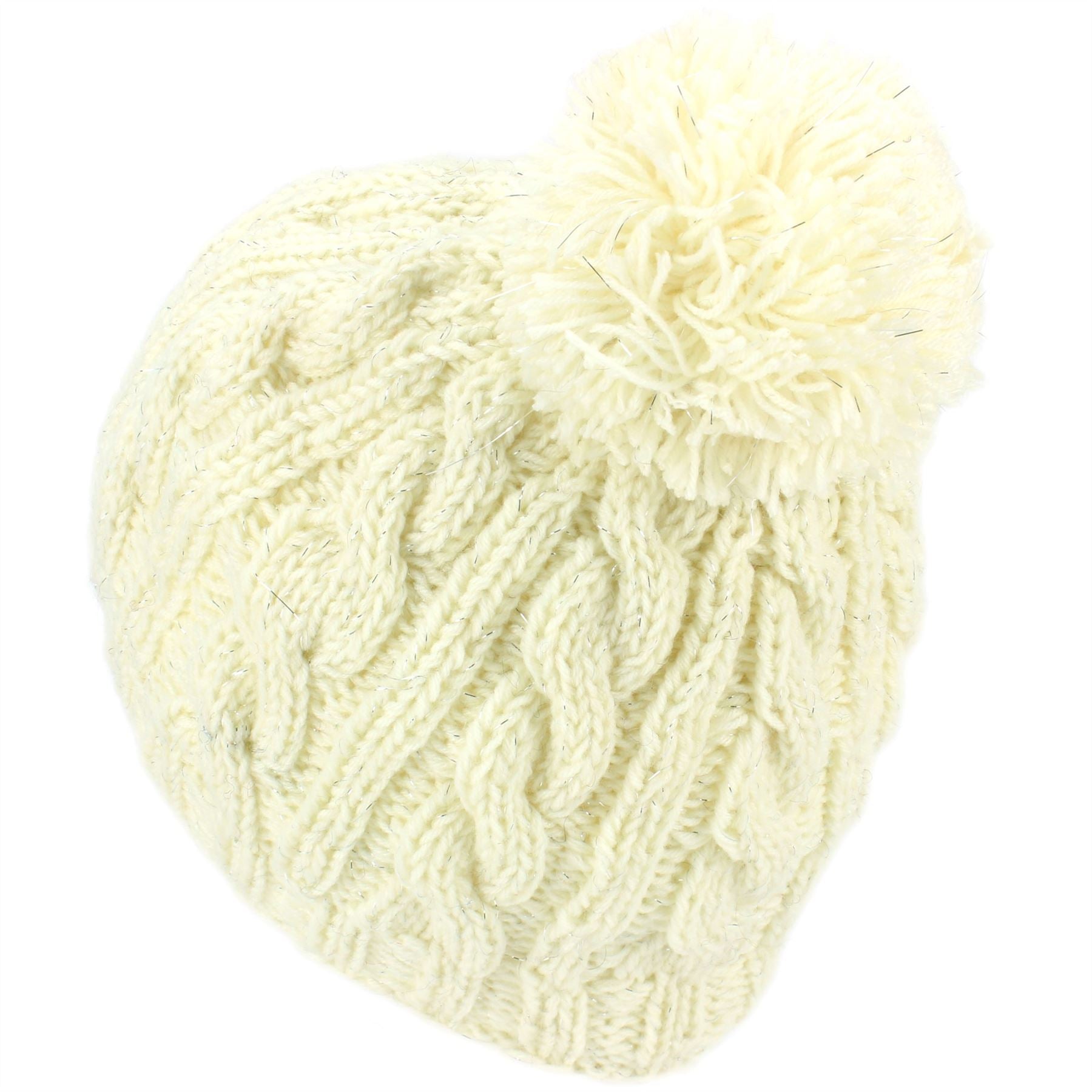 Acrylic Cable Knit Fleck Beanie Bobble Hat - White