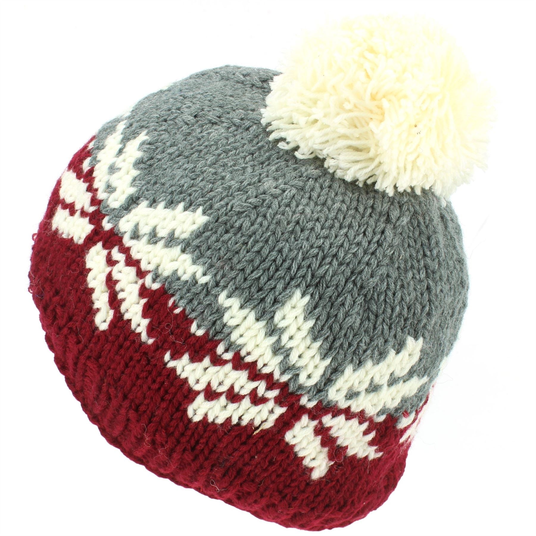 Acrylic Knit Fairisle Beanie Bobble Hat - Maroon & Grey