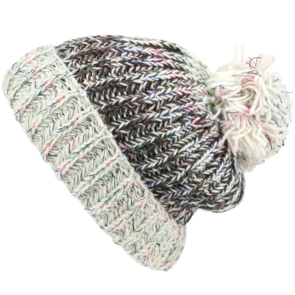 Chunky Wool Knit Baggy Slouch Beanie Hat with Contrast Turn-up and Bobble - Off White