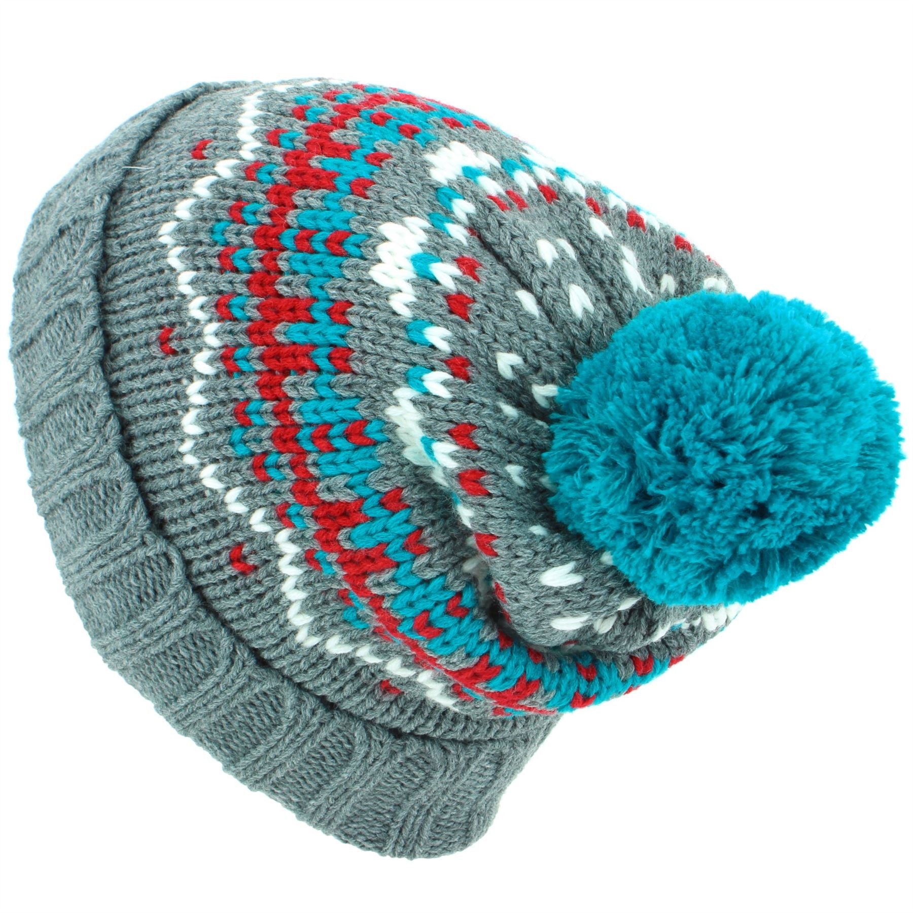 Chunky Knit Fleece Lined Fairisle Bobble Beanie Hat - Grey