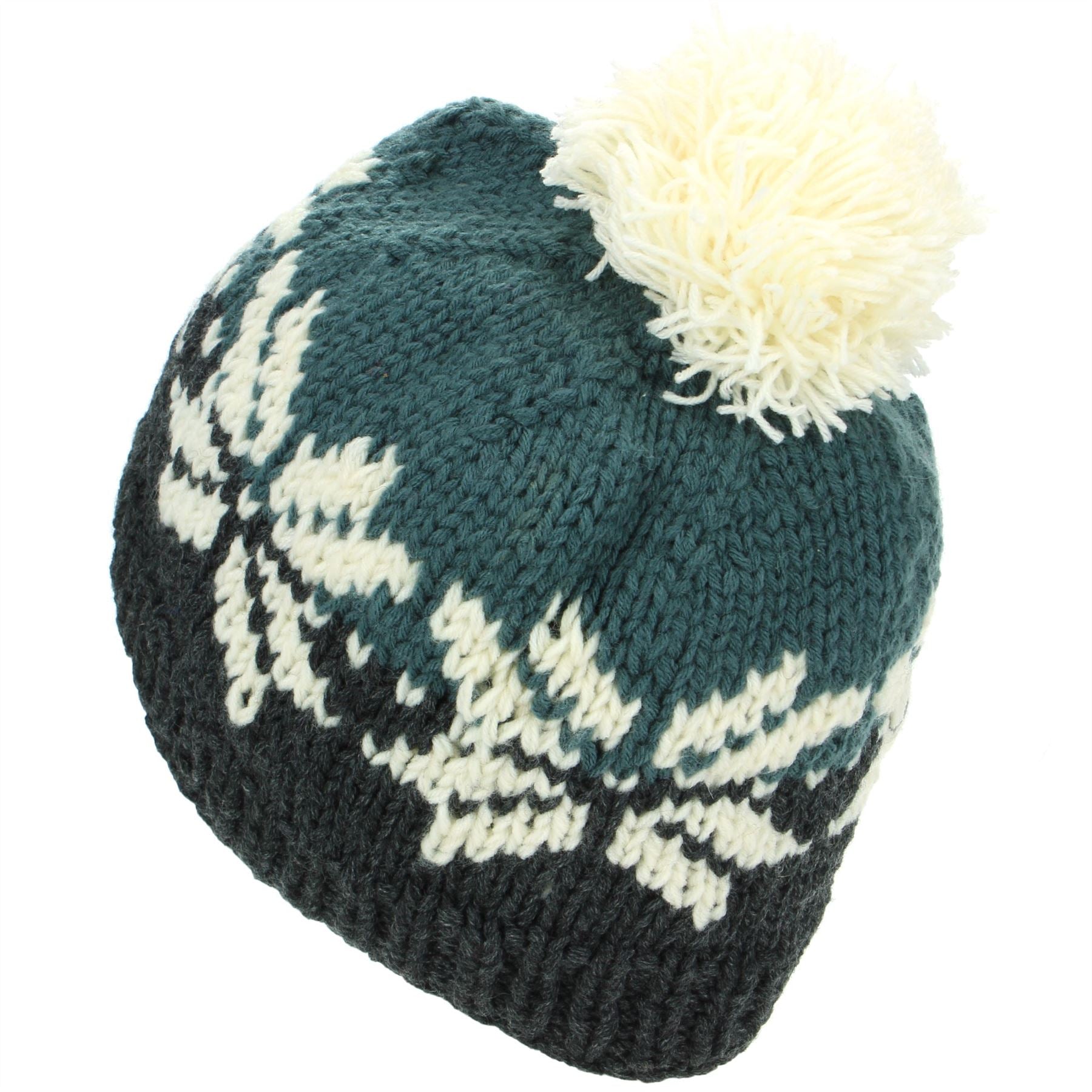 Acrylic Knit Fairisle Beanie Bobble Hat - Teal & Charcoal