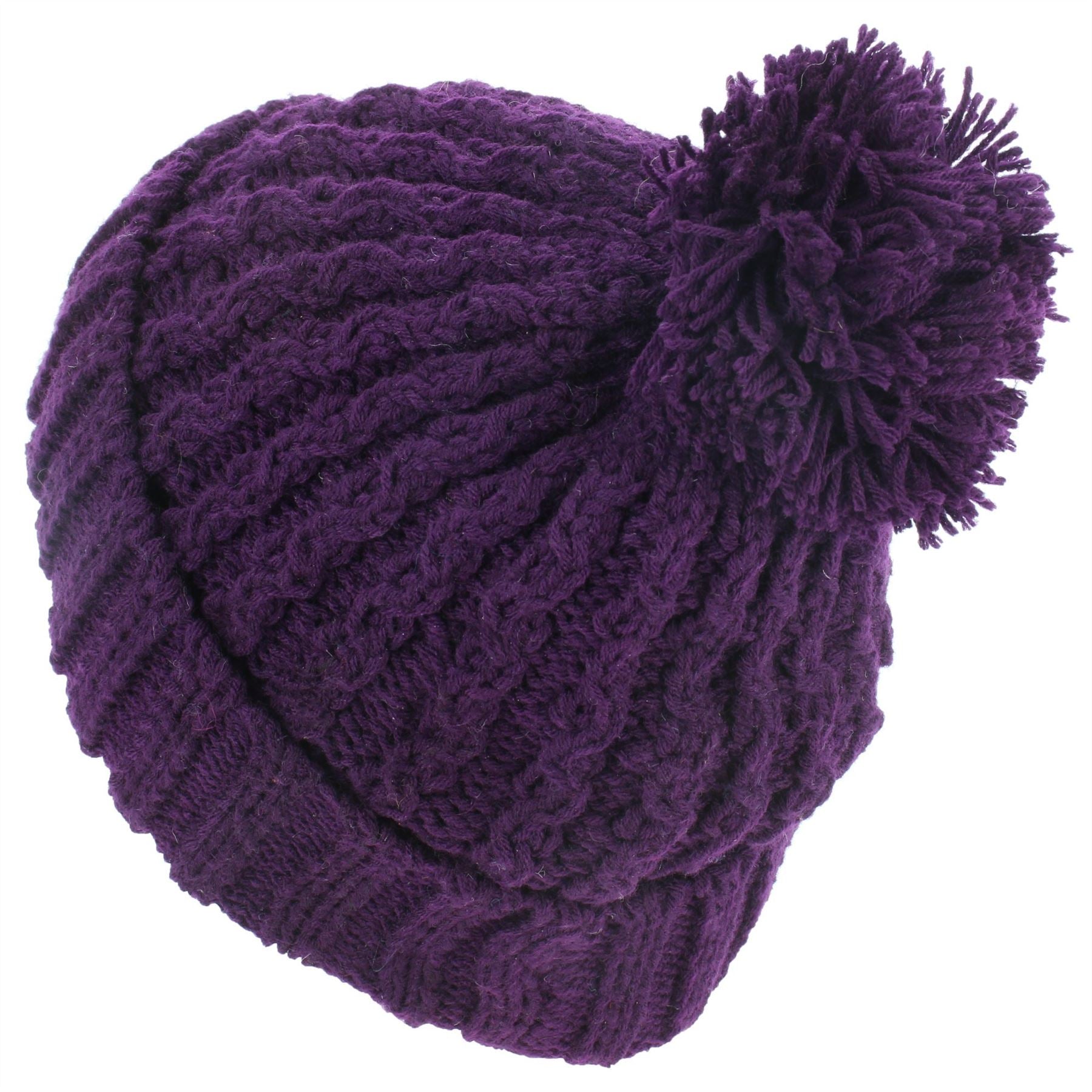 Cable Knit Bobble Beanie Hat - Purple