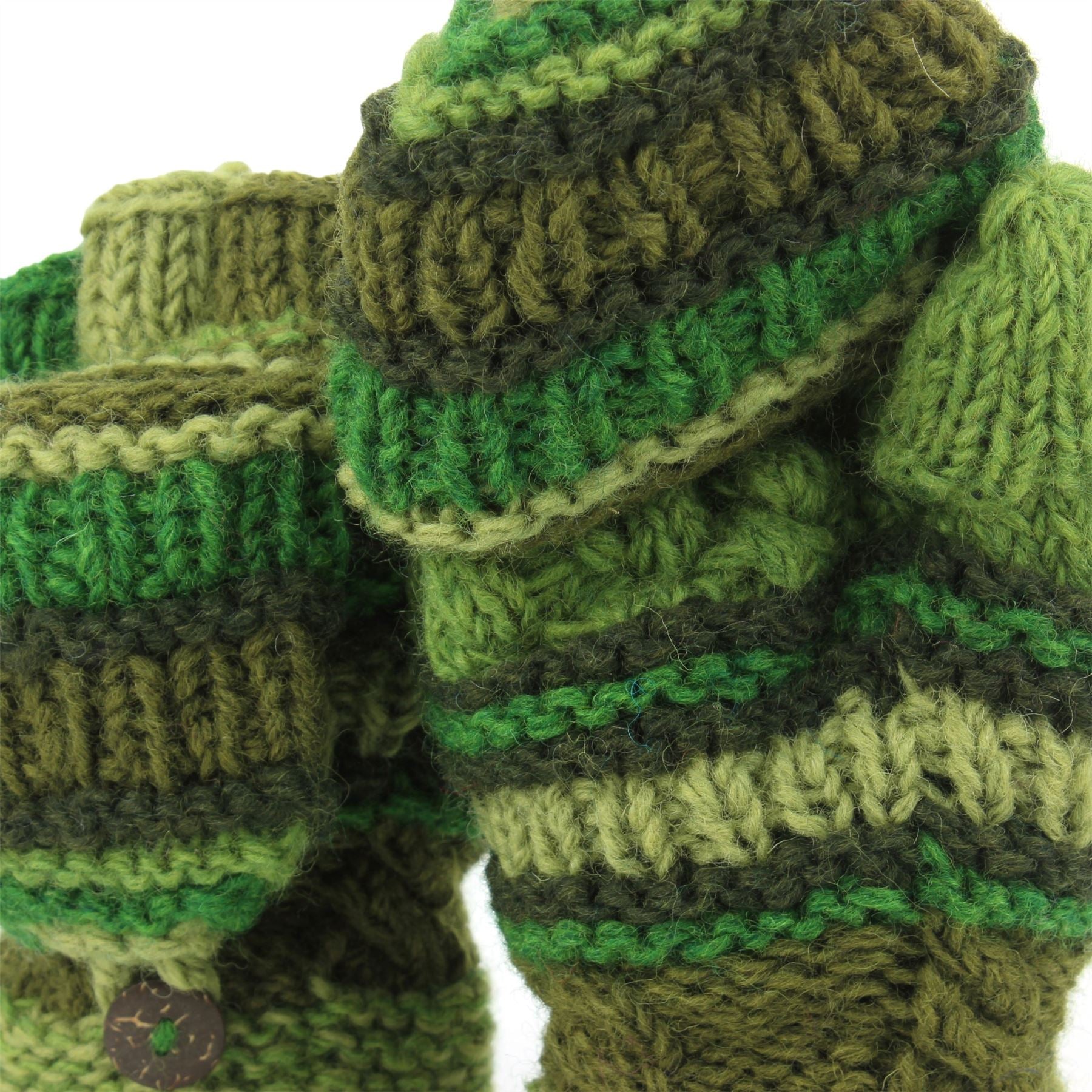 Chunky Wool Fingerless Shooter Gloves - Striped Mixed Knits - Green