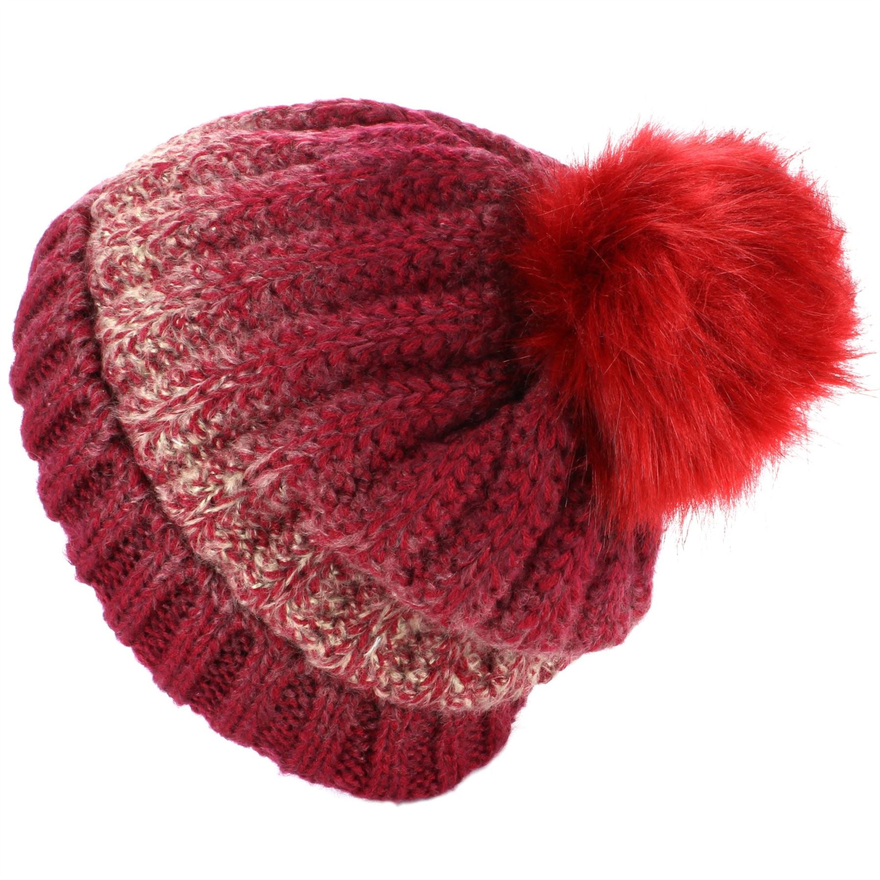 Colour Fade Bobble Beanie Hat with Faux Fur Pom - Red